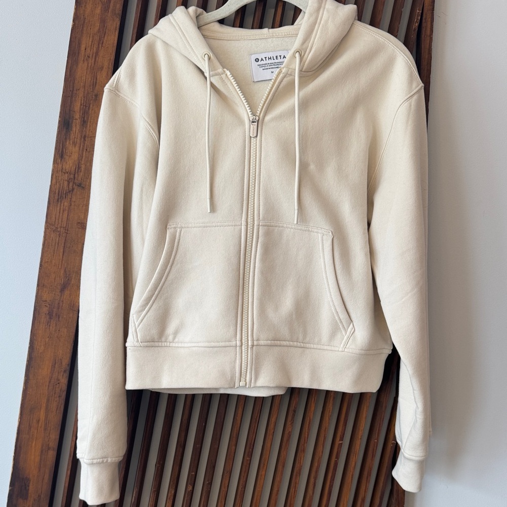 Athleta Neutral Cream Cropped Full-Zip Hooded Sweatshirt